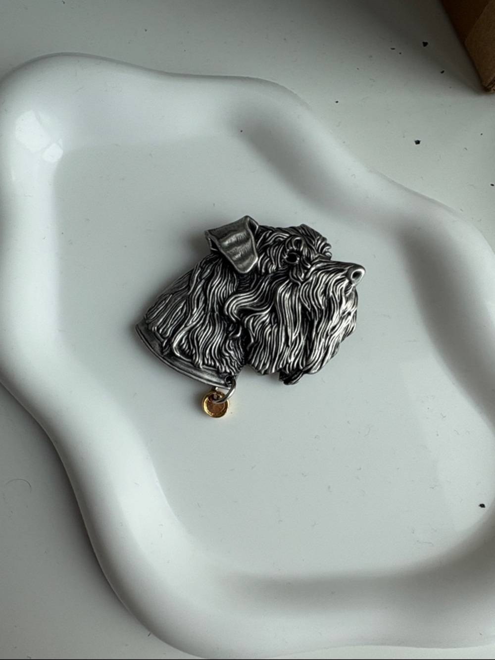 Signed Pewter Dog Head Brooch with Gold Accent